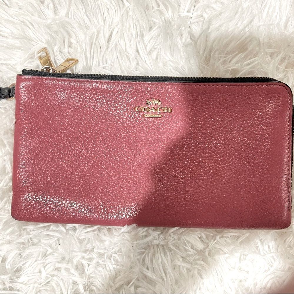 CoachĀ Color Block RougeāCreme Pebbled Leather Large Double Zip WristletāWallet